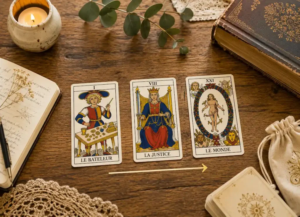 Trois cartes reliées pour interpréter un tirage intuitif du Tarot