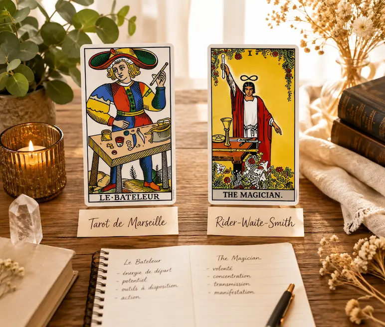 Comparaison Tarot de Marseille et Rider-Waite-Smith pour apprendre le Tarot