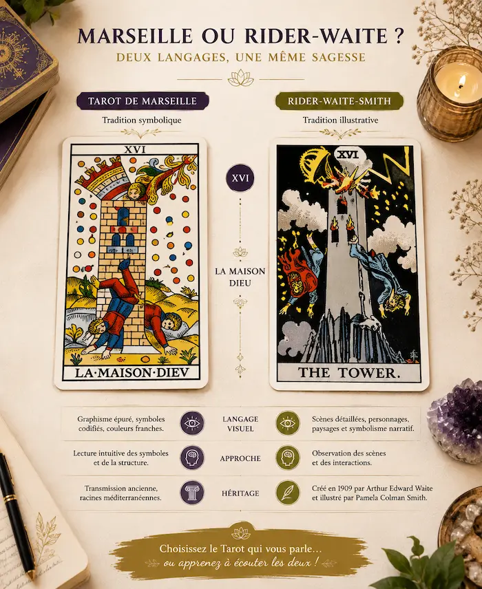 Comparaison de cartes de Tarot de Marseille et Rider-Waite