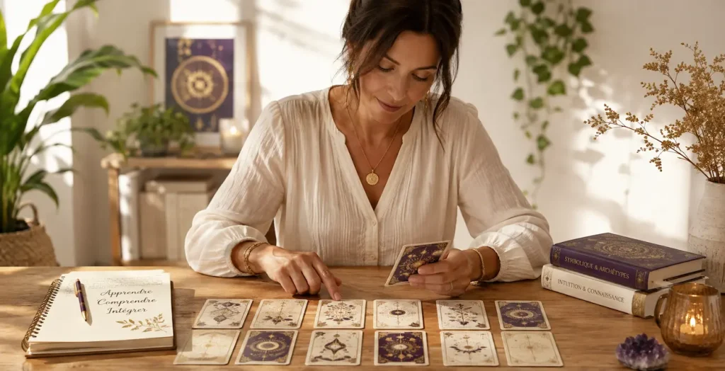Débutante découvrant un Tarot de Marseille et un Rider-Waite sur une table