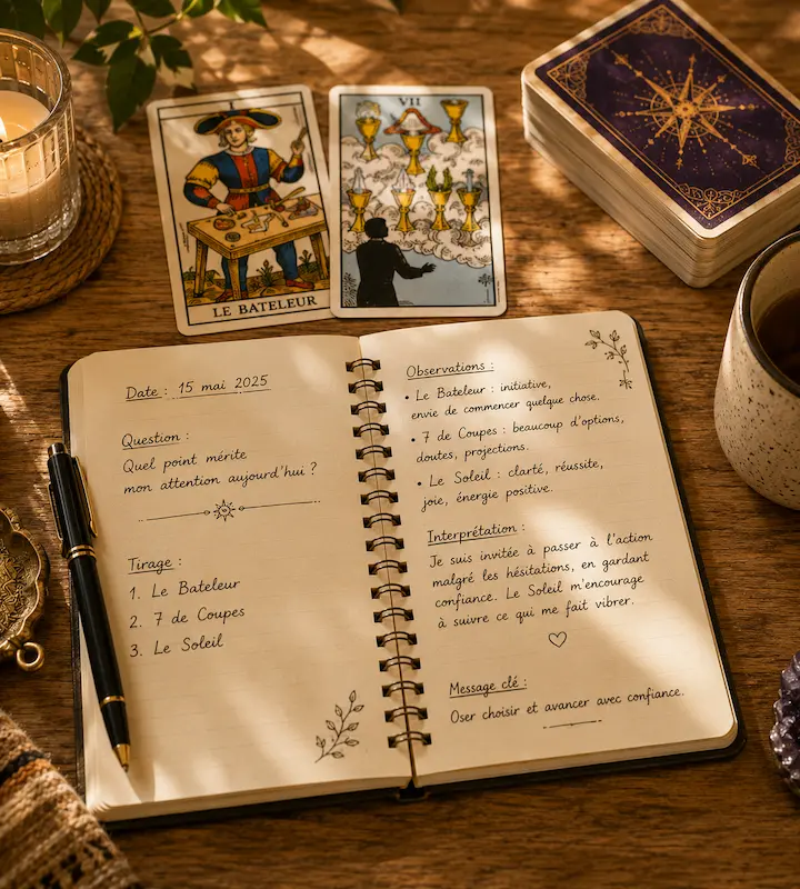 Carnet de Tarot ouvert avec notes, cartes et crayon