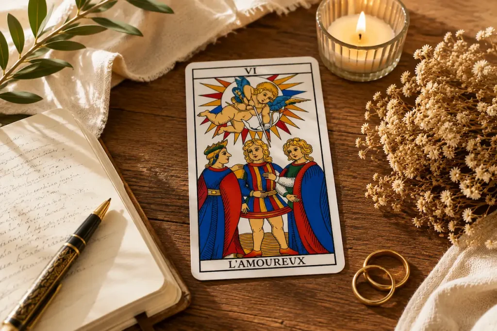 L’Amoureux à l’endroit symbolisant l’harmonie, le choix et l’engagement au Tarot