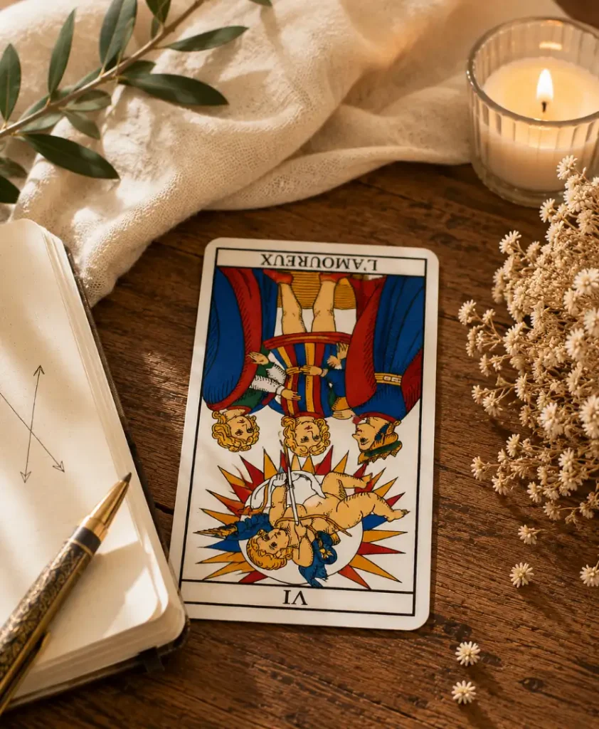L’Amoureux à l’envers symbolisant l’indécision et un dilemme non résolu au Tarot