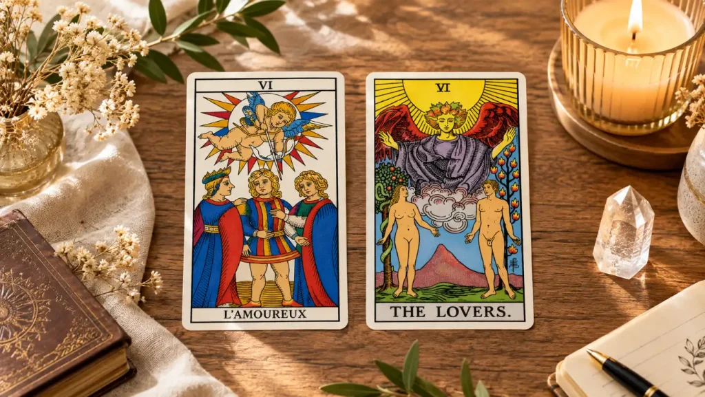 Comparaison de l’Arcane VI L’Amoureux entre le Tarot de Marseille et le Rider-Waite-Smith
