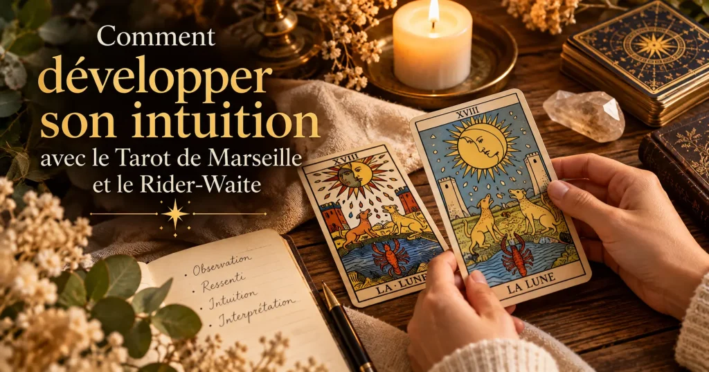 Deux cartes de la Lune inspirées du Tarot de Marseille, observées au-dessus d'une table en bois avec un carnet et une bougie.