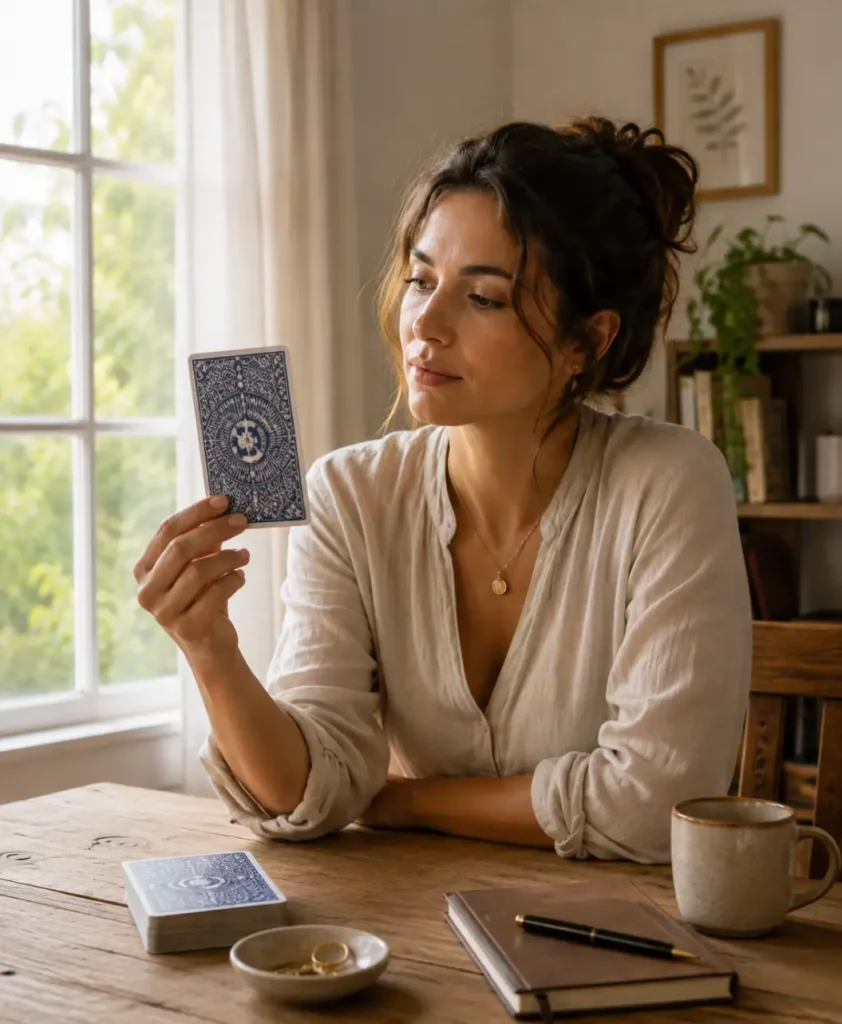Femme observant une carte pour dialoguer avec le Tarot