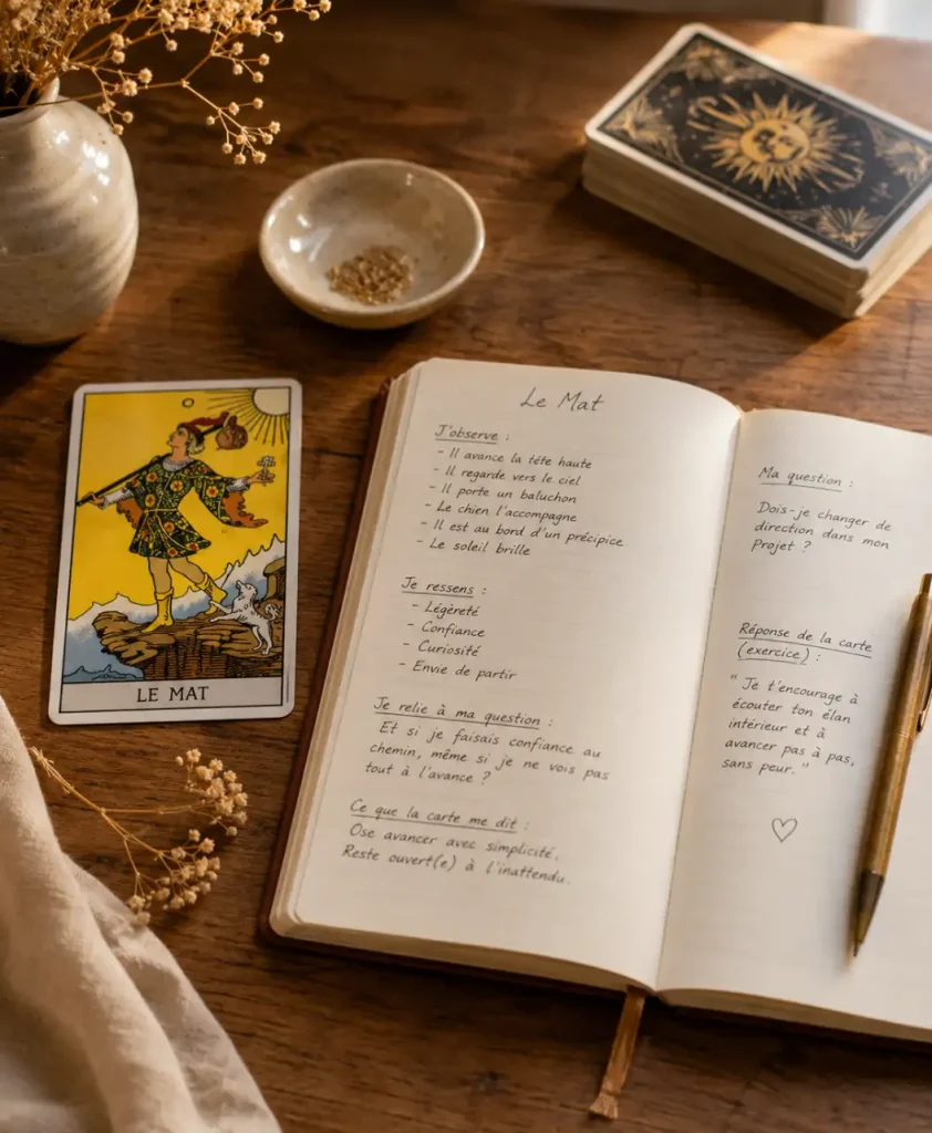 Carte du Mat près d’un journal pour dialoguer avec le Tarot