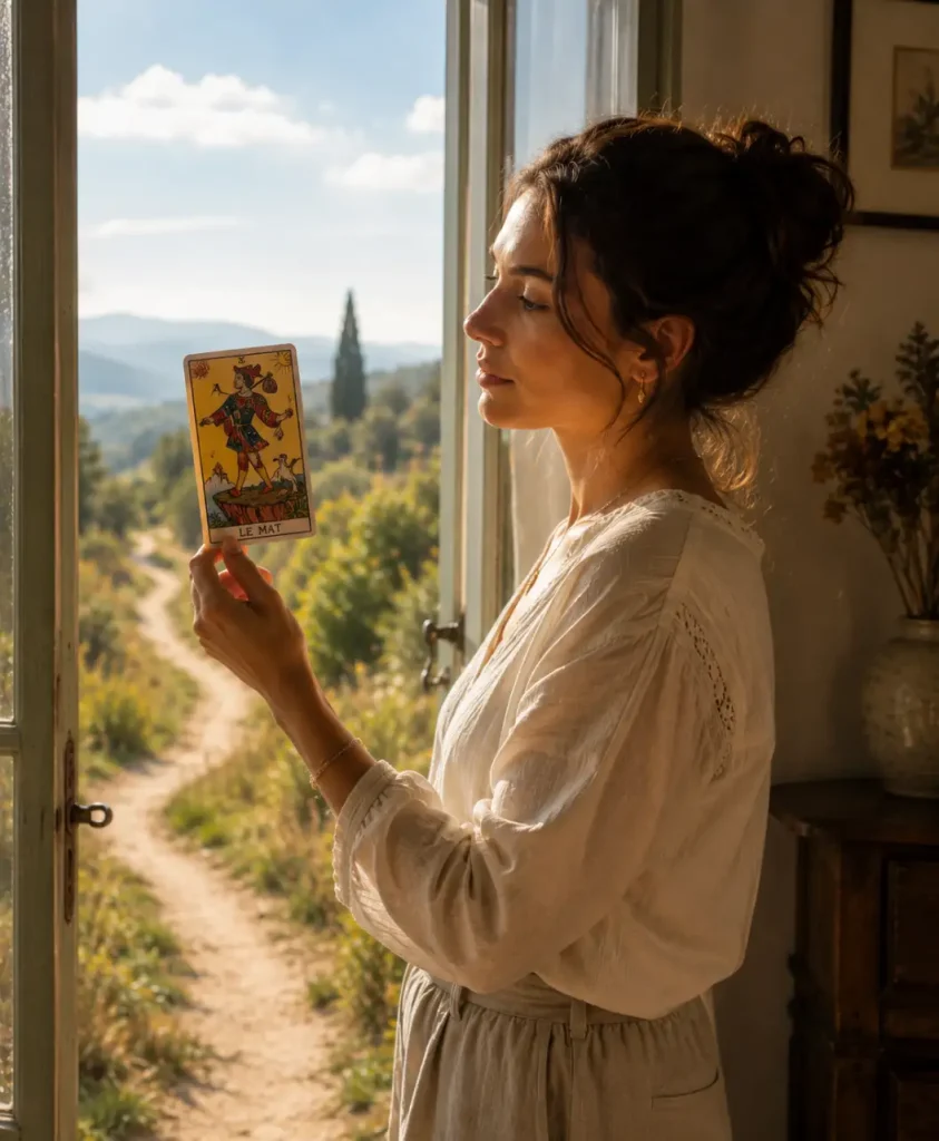 Femme tenant Le Mat pendant un exercice de dialogue avec le Tarot