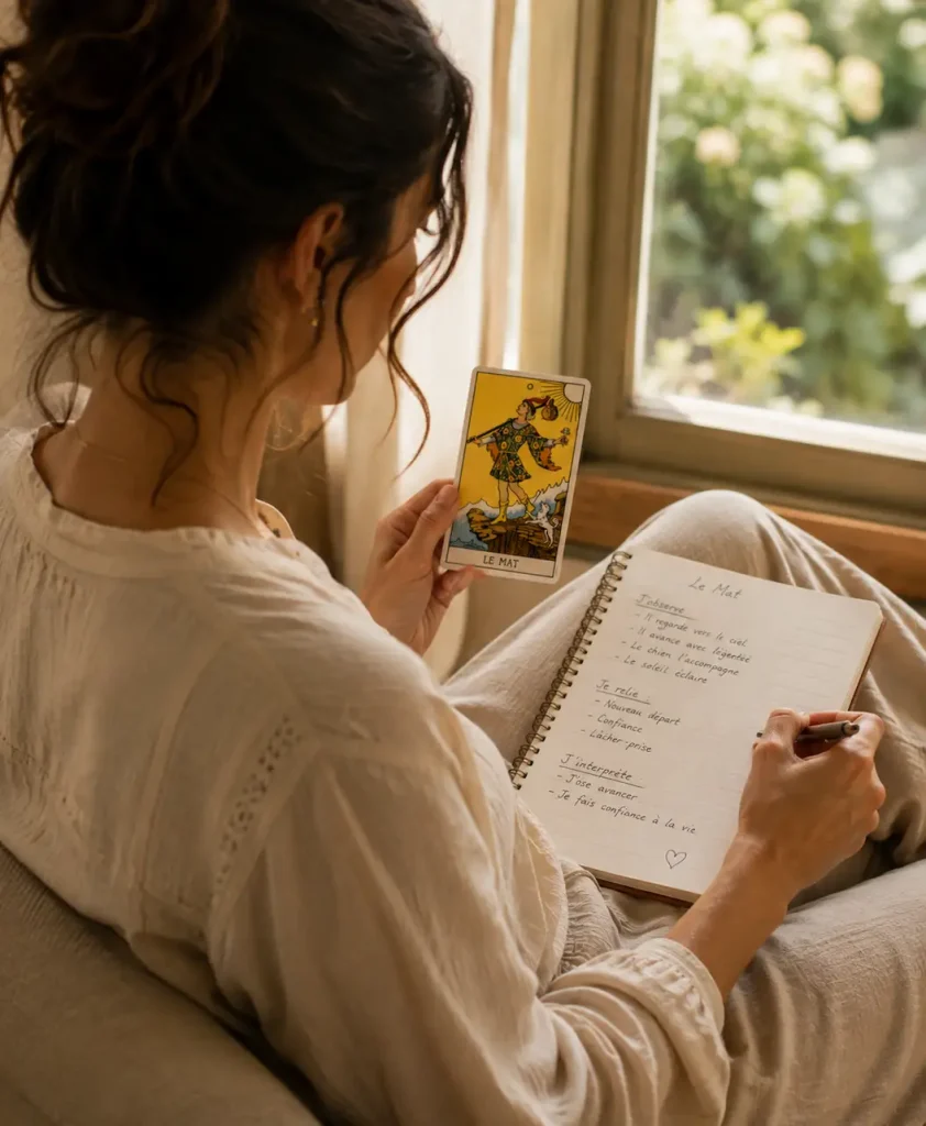 Personne écrivant dans un journal pendant un exercice de Tarot