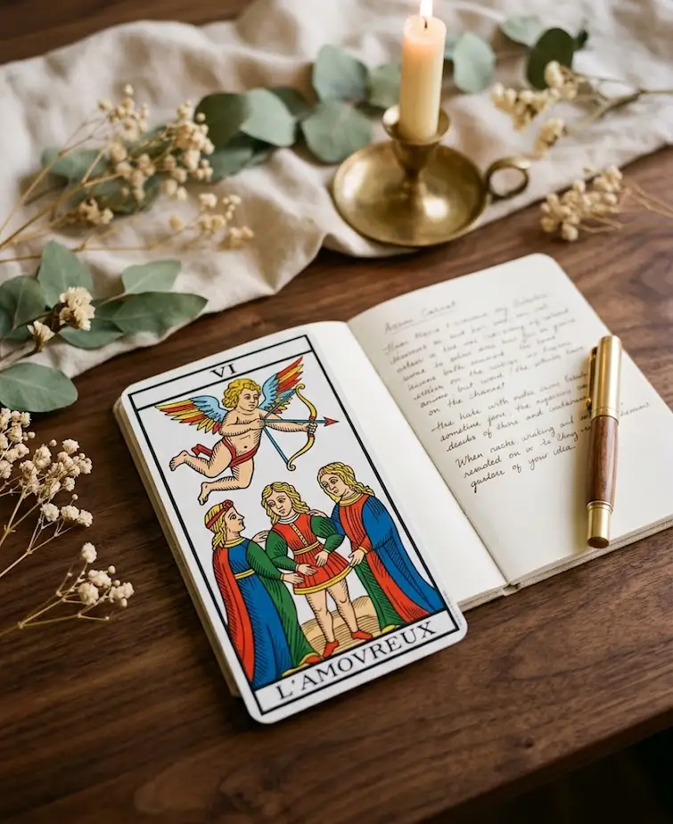 L’Amoureux du Tarot de Marseille avec trois figures humaines et une figure ailée munie d’un arc