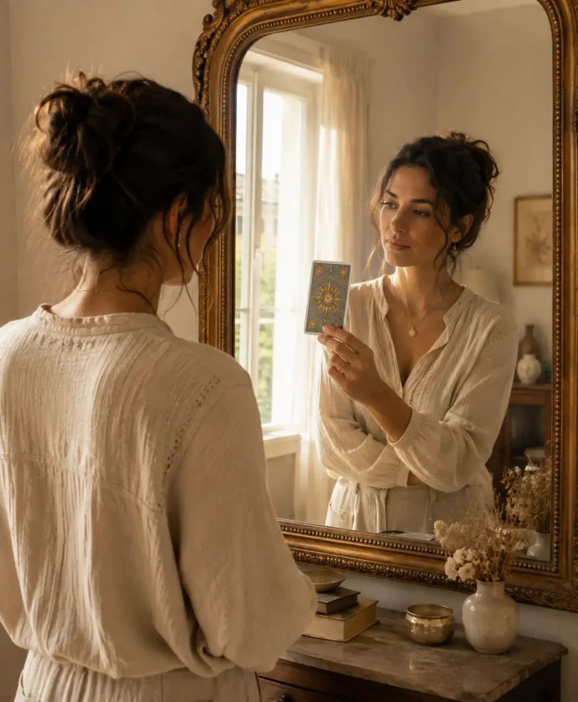 Femme utilisant le Tarot comme miroir de soi