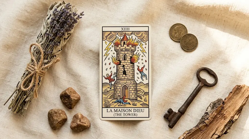 Bannière éditoriale montrant la carte de La Maison Dieu du Tarot de Marseille sur du lin crème avec des éléments naturels et une lumière chaude.
