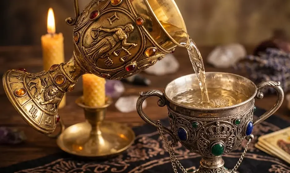 Gros plan sur deux coupes antiques en laiton échangeant un fluide lumineux dans une ambiance mystique.