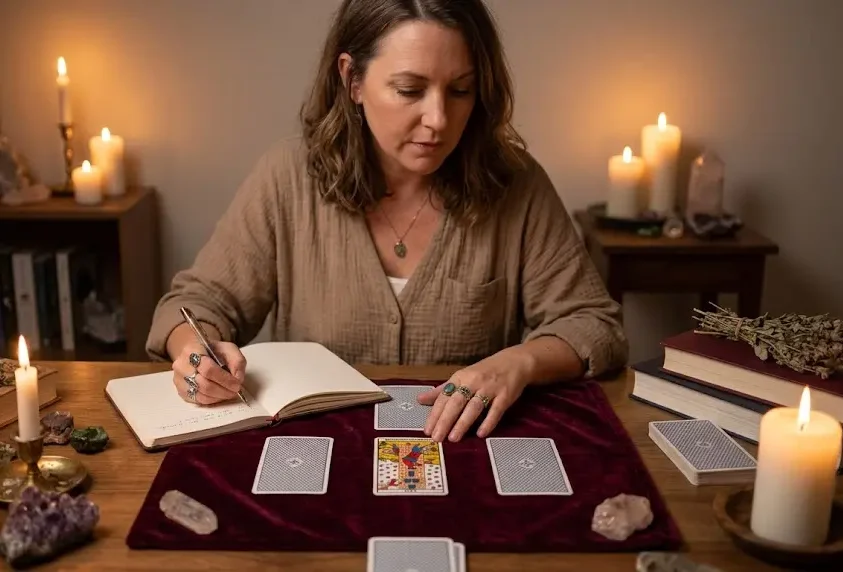 Une personne écrivant dans un carnet à côté d'un tirage de tarot incluant la carte de La Maison Dieu.