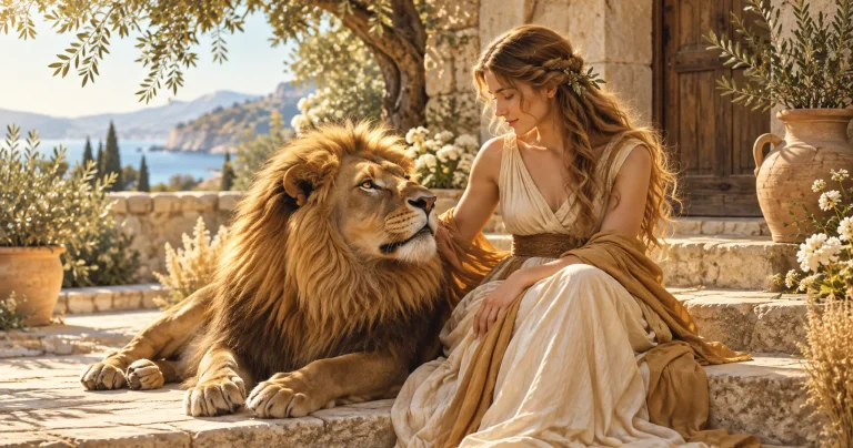 Femme assise près d’un lion paisible dans une cour ensoleillée, illustration de La Force au Tarot.