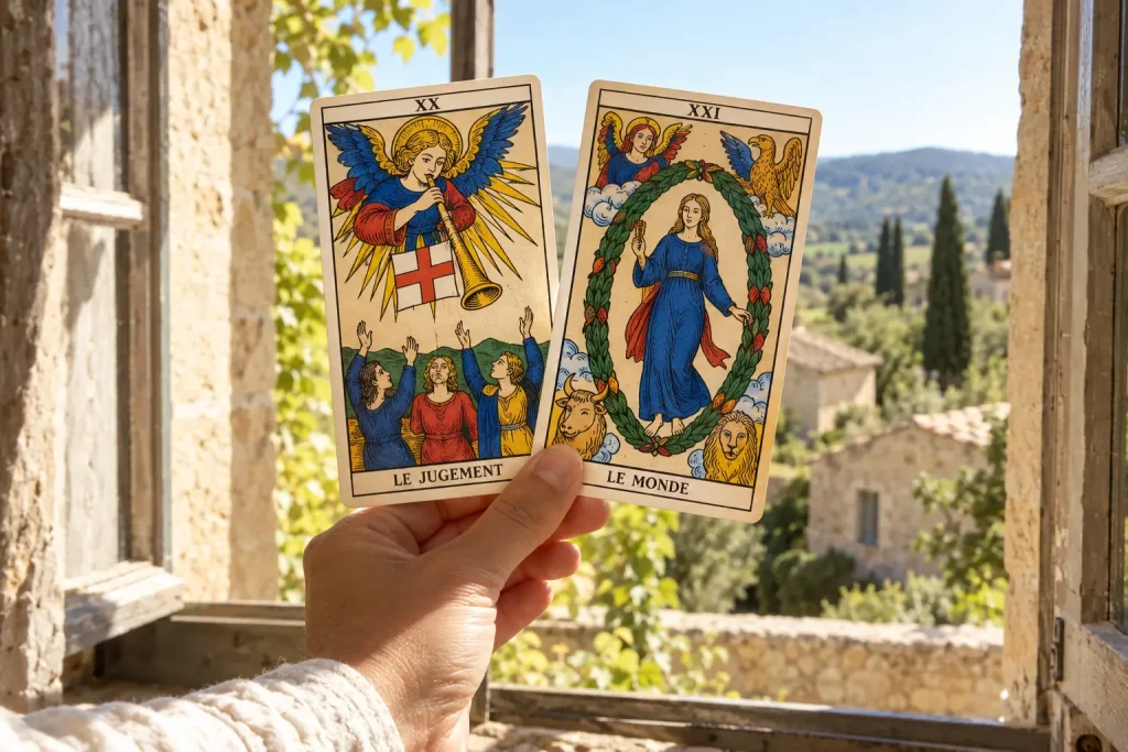 Cartes du Jugement et du Monde tenues devant une fenêtre ouverte sur la campagne.