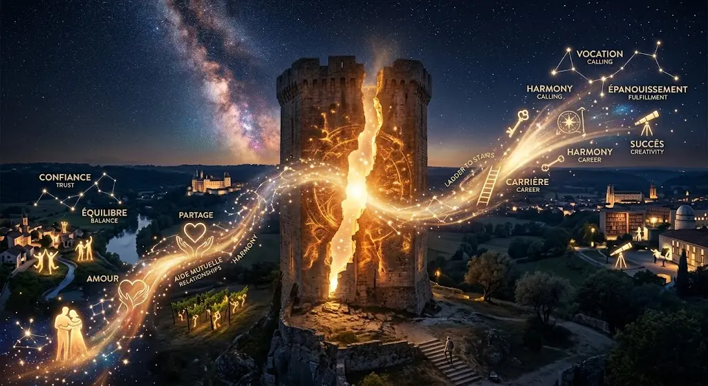 Une tour de pierre stylisée se fissurant pour laisser échapper une lumière dorée et des étoiles.