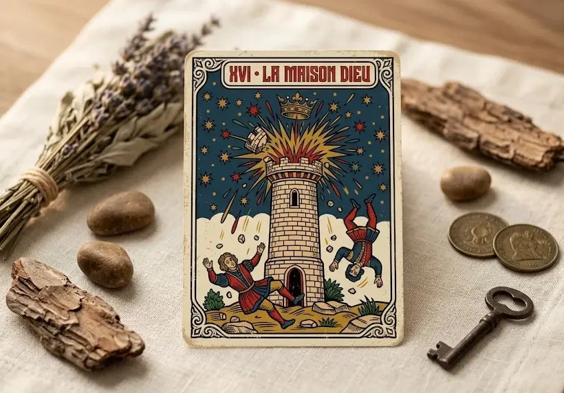 Photographie éditoriale de la carte de tarot La Maison Dieu posée sur du lin crème avec une lumière chaude.