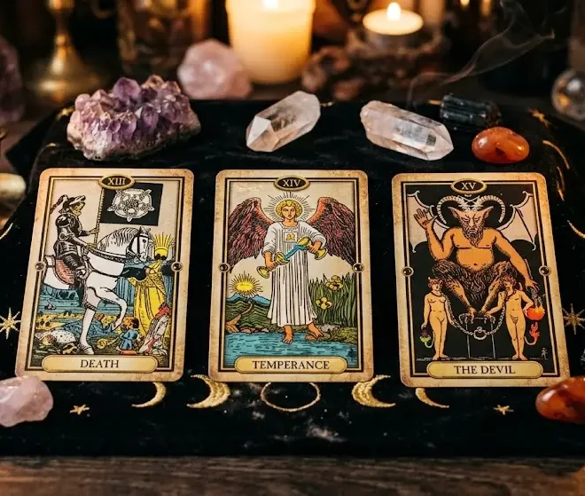 Alignement des trois cartes de tarot l'Arcane sans Nom, Tempérance et le Diable sur du velours sombre.