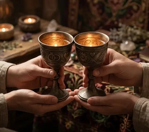 Deux mains tenant délicatement des chalices lumineux qui se font face dans une atmosphère chaleureuse.