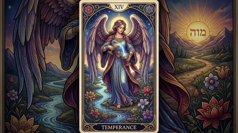 Carte de tarot de Tempérance illustrant un personnage ailé versant un liquide fluide entre deux amphores.