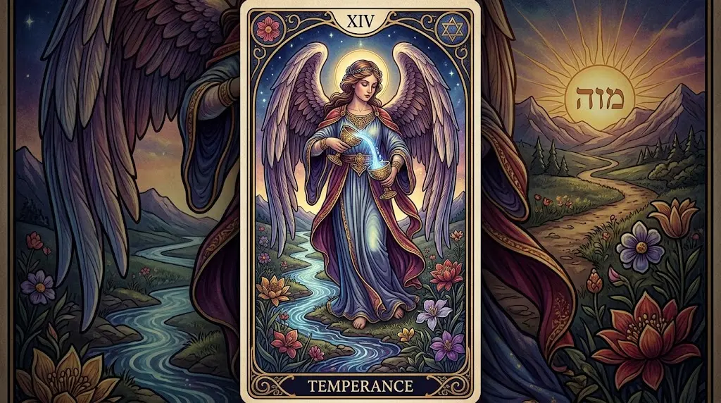 Carte de tarot de Tempérance illustrant un personnage ailé versant un liquide fluide entre deux amphores.