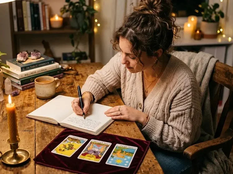 Une personne écrivant dans son carnet lors d'une séance de tirage de tarot sur une table avec des cartes et des bougies.